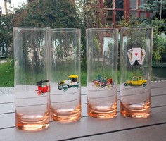 Színes üvegpohár, Old mobilokkal, 4 db 17 cm hosszú üveg pohár 