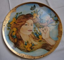Faragó Miklós hollóházi porcelán fali tányér, 24 karátos arannyal - Tavasz