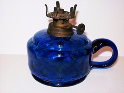 Antik hólyagos kék hutaüveg kisméretű petroleumlámpa