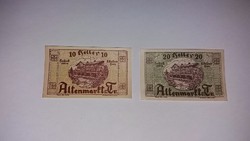 10-20 Heller,Altenmark a/d triesting Ausztria 1920, május 9, 2 db hajtatlan UNC szükségpénz !