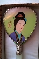 Régi Japán kézi festésű kis tükör ezüstözött keretben 