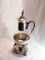Pazar, ritka hőálló 1,75 l-es üveg karafa, ezüstözött melegen tartó állvánnyal, ezüstözött elemekkel