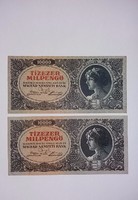 Tizezer Milpengő 1946-os 2 db, nagyon szép ropogós bankjegy!