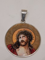 Nagyméretű ezüst-tűzzománc medál Jézus arcképével " lustinianus" részére foglalva