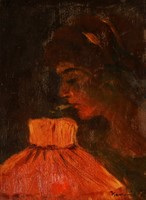 KACZIÁNY ÖDÖN (1852-1933) Art Deco Női Portré Olaj Farost Festmény 59x49 Dohányzó Nő Hölgy Lámpa Tűz