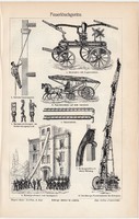 Tűzoltó eszközök, berendezések, egyszínű nyomat 1905, német nyelvű, tűzoltás, létra, fecskendő, régi