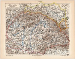 Magyarország térkép 1908, német nyelvű, eredeti, Galícia, Bukovina, Meyers lexikon melléklet, régi