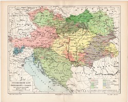 Osztrák - Magyar Monarchia etnográfiai térkép 1908, német nyelvű, eredeti,, nép, néprajz, magyar