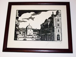 Gebauer Ernő (Hartberg, 1882. - Pécs, 1962.): Pécs, Széchenyi tér fametszet 1940.
