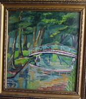 45x49cm - 34x37cm / Festmény üvegezve keretben Híd patakkal / régiség