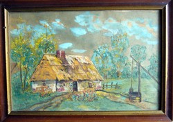 26x17cm / 30x21cm : B.Molnár festmény parasztház fa keretben üvegezve