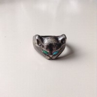 Kézműves macska fejes ezüst gyűrű türkiz szem kövekkel