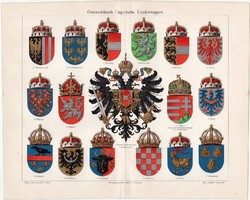 Osztrák - Magyar Monarchia címerei, színes nyomat 1908, német, litográfia, állam, ország, címer