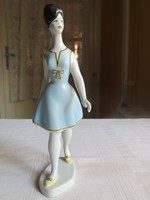 Porcelán figura, nipp - Sétáló nő, lány kék ruhában