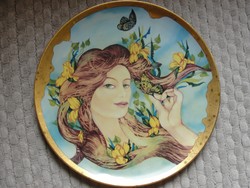 Hollóházi aranyozott porcelán tál Faragó festménnyel