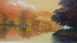 Bánkuti Gertrúd  Őszi idill tájkép olajfestmény, festmény
