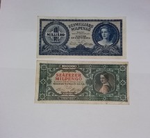 1 Milliárd,-Százezer  Milpengő 1946-os , 2 db , szép bankjegyek !