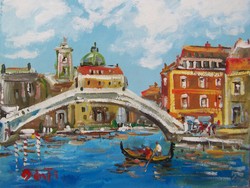 Bánfi - "Velence!" - olaj festmény - gondola tájkép városkép impresszió!