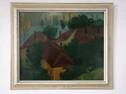 Kántor Lajos képcsarnokos festménye Házak 50 x 60 farost Munkácsy dijas