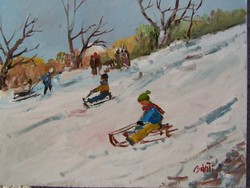 Bánfi - "Szánkózó gyerekek!" - olaj festmény - téli tájkép életkép impresszió!