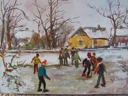 Bánfi - "Korcsolyázó gyerekek!" - olaj festmény - téli tájkép életkép impresszió!