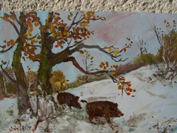 Bánfi - "Téli vadász jelenet!" - olaj festmény - tájkép
