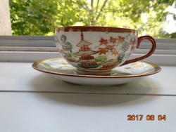 Kutani-japán tojáshéj teás csésze alátéttel-vaspiros-arany peremmel juharfa levéllel (1)