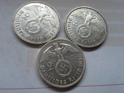 3 db egyben- III. birodalom ezüst 2 márka,horogkeresztes 1937,38,39