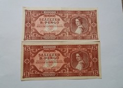 Százezer B.-Pengő 1946-os 2 db eltérő előlapi  szin árnyalatú bankjegyek !!