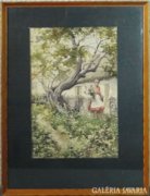 8370 Bereczk K. Signed watercolor of a farmyard