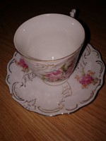 Aranyozott rózsás teáscsésze antik kézzel festett porcelán csésze aljjal