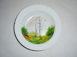 Zománcozott fali tányér falitál - festett tájkép mintás