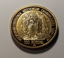 Magyar aranypénzek utánveretben. 100 korona 1907. Aranyozott ezüst. 5,5 g. 25 mm.