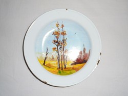 Zománcozott fali tányér falitál - festett tájkép mintás, ősz évszak