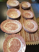  antik angol piros jelenetes étkészlet tányérok tányér