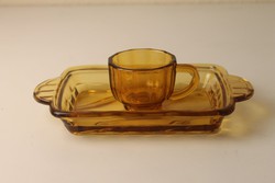 Art Deco borostyán színű tálka + mokkás csésze