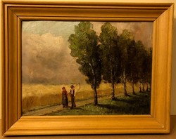 Mesterházy Dénes 25x34 cm-es olaj, vászon "Hazafelé" című festménye,natúr fa keretben
