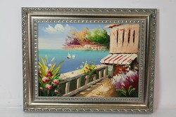 Mediterrán tengerpart festmény keretben 51x41 cm