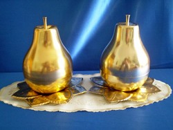 Retro sárga körte alakú fém tartóban üveg pálinkás likőrös pohár készlet + 1 ajándékba