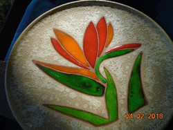 Szignós-dombor színes zománcos-repesztett mázas "Kaktuszvirág"-nehéz falitál-25 cm