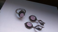 925 ezüst szett pink opálos kő és markazit