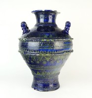 0P056 Hatalmas kék mázas vásárhelyi kerámia váza