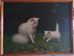 Bolerádszky Benő / Játszadozó fehér cicák / Nagyméretű 60x80cm / olaj kép / vászonra festett