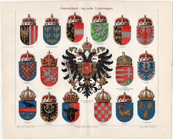 Osztrák - Magyar Monarchia állami, tartományi címerei, színes nyomat, német nyelvű, eredeti, címer