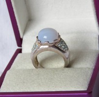Beautiful heavy silver ring with aquamarine cubic zirconia and large opalite
