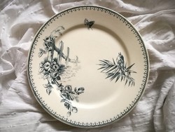 Antik, régi virágos madaras fajansz lapos tányér