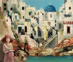 Herpai Zoltán (1951- ) Fehér Város Görögország Santorini  Görög Városkép Látkép Utcakép Olajfestmény
