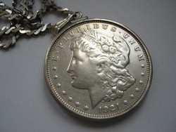Morgan féle 1 ezüst dollár, ezüst láncon, 1921