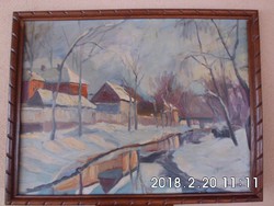 Benke László 1903-1983 Téli falu,patakpart olaj,farost 60x80 cm