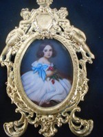 Festett porcelánkép aranyozott bronz keretben.19.század.Szignós.